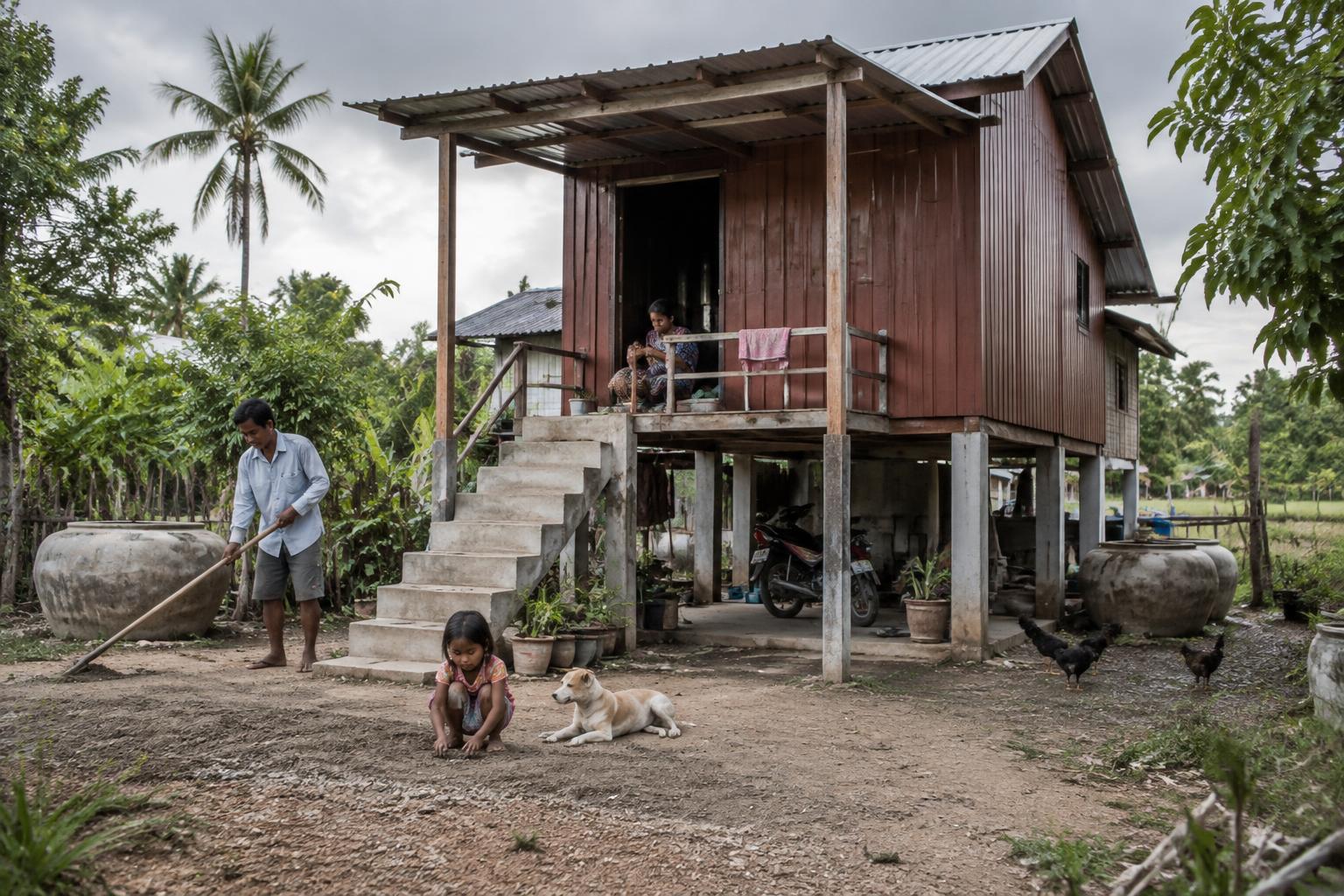 A family outside a newly completed raised home in rural Cambodia