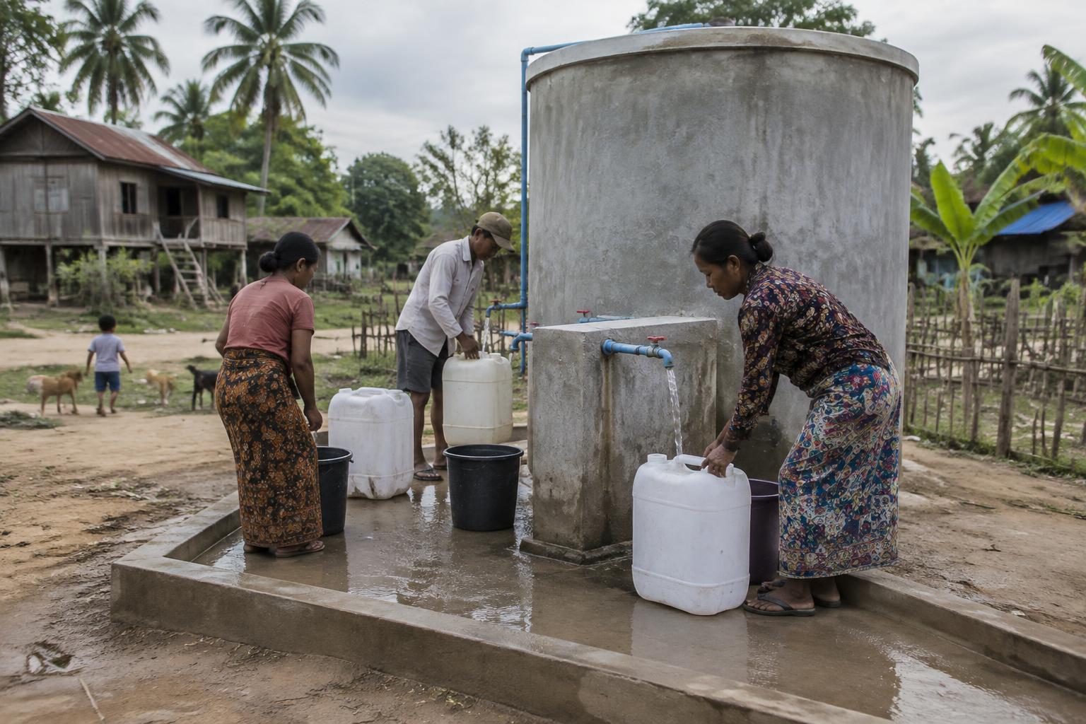 Residents using a completed community water point in rural Southeast Asia