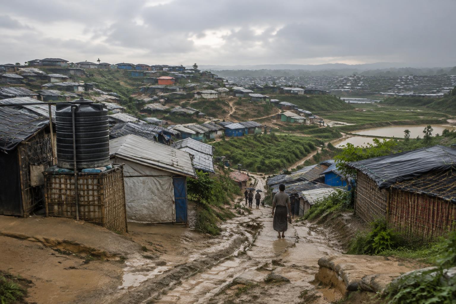 A wide view across a Rohingya displacement settlement after rainfall